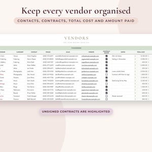 May include: A digital vendor organisation spreadsheet featuring columns for vendor name, category, contact, phone, email, website, contract status, notes, total cost, and amount paid. The header reads VENDORS and THE TEAM MAKING YOUR DAY.