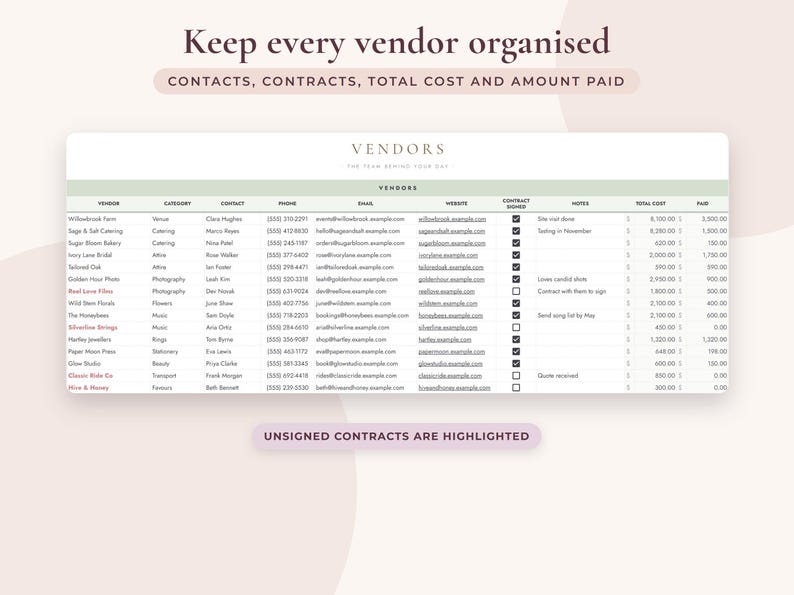 May include: A digital vendor organisation spreadsheet featuring columns for vendor name, category, contact, phone, email, website, contract status, notes, total cost, and amount paid. The header reads VENDORS and THE TEAM MAKING YOUR DAY.