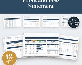 May include: A Google Sheets template for a Profit and Loss Statement featuring multiple dashboard views, financial tables, and charts. The layout includes sections for monthly, quarterly, and year-to-date tracking with text labels like 12 MONTH P&L and YTD QUARTERLY MONTHLY.