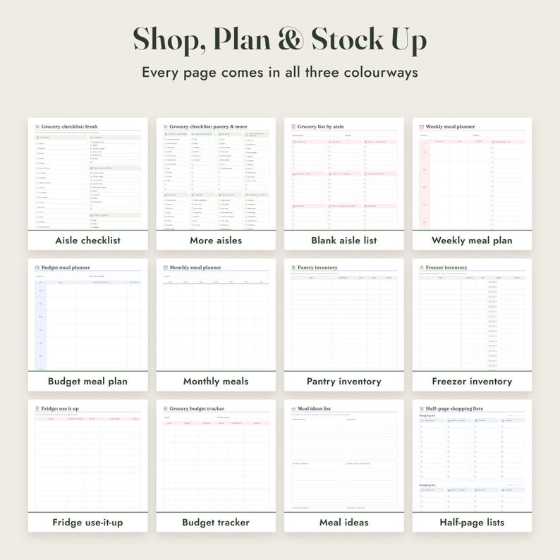 Grocery List Printable, Meal Planner, Pantry Inventory, Aisle Checklist, 3 Colours, Letter A4 imagen 3