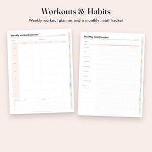Op de afbeelding: Een wekelijkse trainingsplanner en een maandelijkse gewoonte-tracker op een lichtroze achtergrond. De tekst luidt Workouts & Habits, Weekly workout planner en Monthly habit tracker. Elke pagina heeft een rasterindeling met gekleurde zijtabbladen.