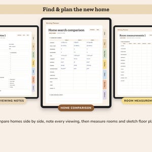 Puede incluir: Un planificador de mudanzas digital mostrado en tres pantallas. La pantalla izquierda muestra notas de visitas, la central una tabla de comparaci&oacute;n de viviendas y la derecha una tabla de medidas de habitaciones. Cada p&aacute;gina tiene pesta&ntilde;as.