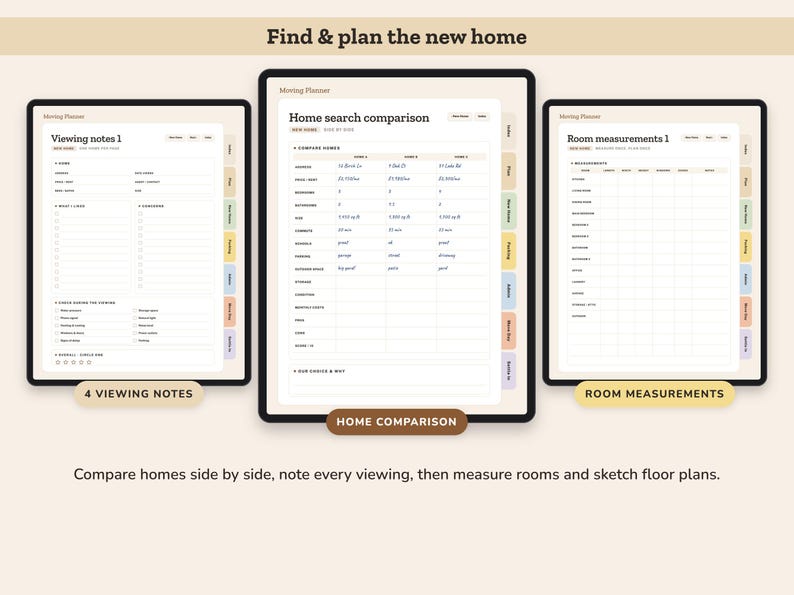 Puede incluir: Un planificador de mudanzas digital mostrado en tres pantallas. La pantalla izquierda muestra notas de visitas, la central una tabla de comparaci&oacute;n de viviendas y la derecha una tabla de medidas de habitaciones. Cada p&aacute;gina tiene pesta&ntilde;as.