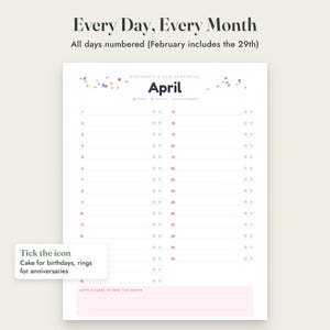 Birthday Calendar Printable, Perpetual Anniversary Calendar, 3 Styles, Monthly and One Page, Letter A4 imagen 7