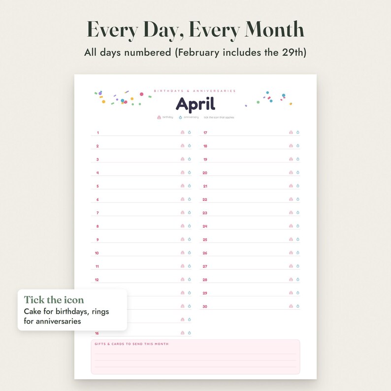Birthday Calendar Printable, Perpetual Anniversary Calendar, 3 Styles, Monthly and One Page, Letter A4 imagen 7