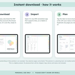 May include: A digital ADHD planner instruction graphic featuring three steps: Download, Import, and Plan. Each step includes a tablet screen display showing the planner interface with an index, daily schedule, and task lists in a clean layout.