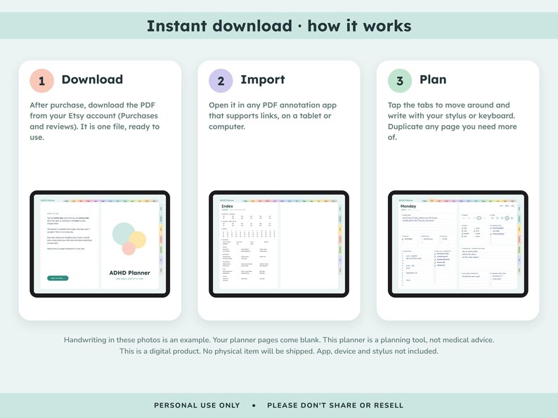 May include: A digital ADHD planner instruction graphic featuring three steps: Download, Import, and Plan. Each step includes a tablet screen display showing the planner interface with an index, daily schedule, and task lists in a clean layout.
