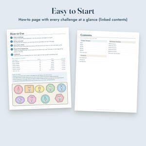 May include: A digital savings challenge planner with two pages titled Easy to Start and Contents. The pages feature instructions, a table of challenges, and colourful icons representing different savings goals with numerical values from 5 to 40.