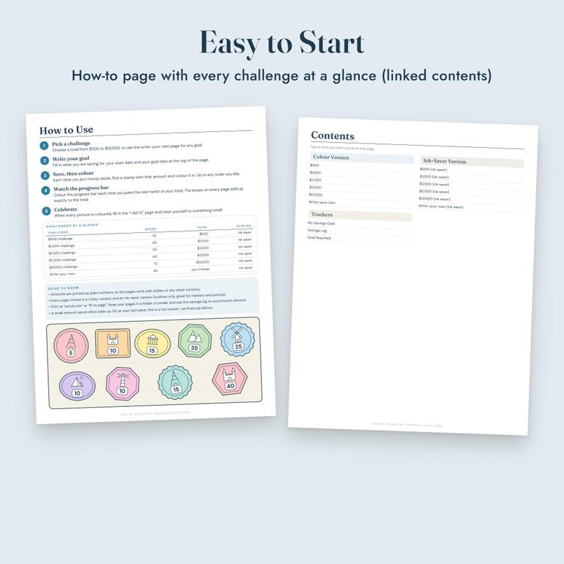 May include: A digital savings challenge planner with two pages titled Easy to Start and Contents. The pages feature instructions, a table of challenges, and colourful icons representing different savings goals with numerical values from 5 to 40.