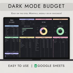 Dark Mode Budget Spreadsheet Google Sheets, Pastel Paycheck and Monthly Planner, Savings Debt Goals image 1