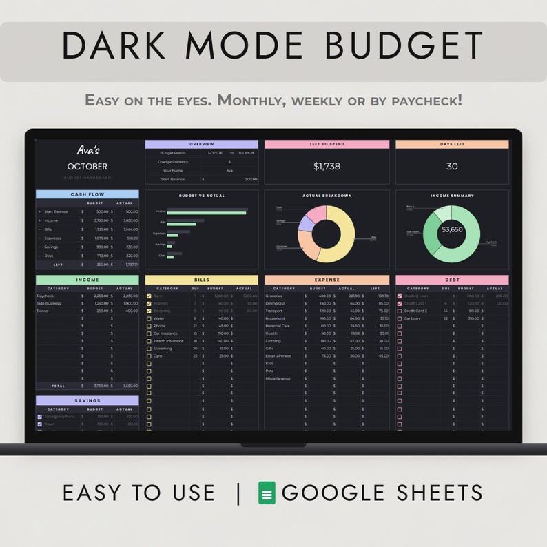 Dark Mode Budget Spreadsheet Google Sheets, Pastel Paycheck and Monthly Planner, Savings Debt Goals image 1