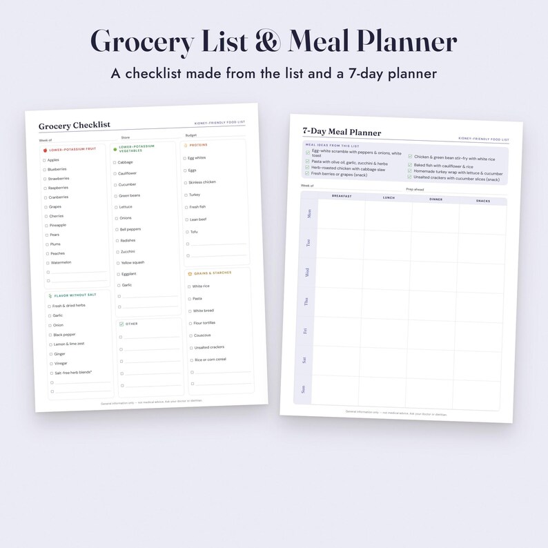 Kidney Diet Food List Printable, CKD Low Potassium Foods, Grocery List, Letter A4 image 7