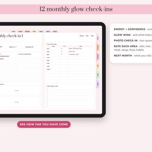 May include: A digital planner interface displayed on a tablet screen, featuring a monthly check-in template with sections for energy, confidence, glow wins, photo check-ins, and area ratings. The layout includes tabs for navigation and text prompts.