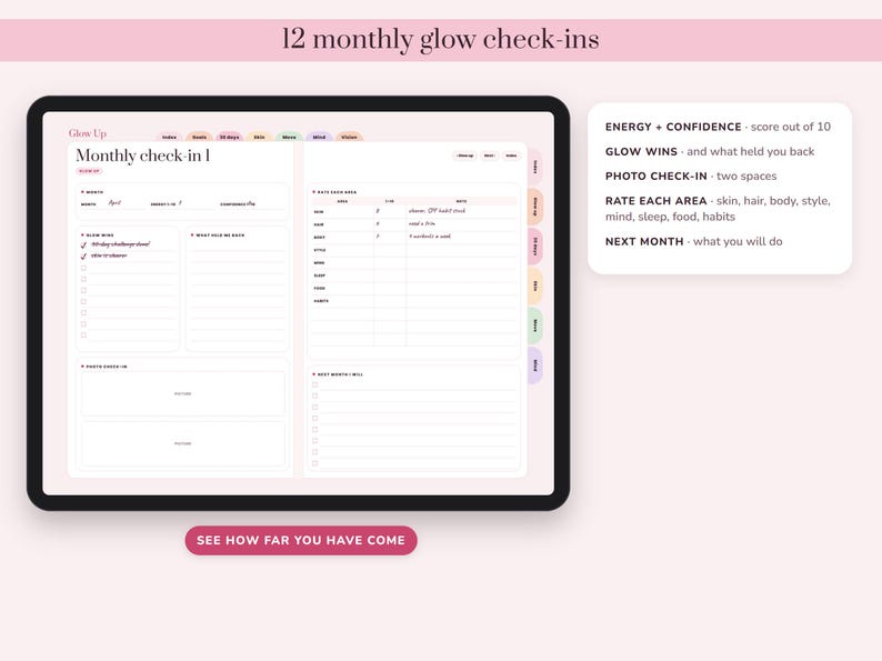 May include: A digital planner interface displayed on a tablet screen, featuring a monthly check-in template with sections for energy, confidence, glow wins, photo check-ins, and area ratings. The layout includes tabs for navigation and text prompts.