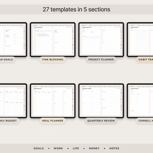 May include: A digital planner set featuring 27 templates organized into 5 sections labeled Goals, Work, Life, Money, and Notes. The display shows eight distinct layouts including Year Goals, Time Blocking, Project Planner, Habit Tracker, Monthly Budget, Meal Planner, Quarterly Review, and Cornell Notes.