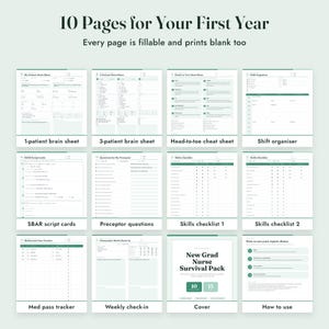 Puede incluir: Un paquete de supervivencia para enfermeros principiantes con 10 p&aacute;ginas rellenables que incluyen hojas de paciente, chuleta de evaluaci&oacute;n, organizador de turnos, tarjetas SBAR, preguntas para el tutor, listas de habilidades, control de medicaci&oacute;n y seguimiento.