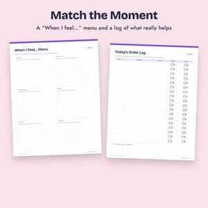 K&ouml;nnte beinhalten: Zwei wei&szlig;e, druckbare Planerseiten mit violetten Kopfzeilen. Die linke Seite ist mit When I Feel... Menu betitelt und enth&auml;lt Abschnitte f&uuml;r bored, restless, overwhelmed, tired, stuck und lonely. Die rechte Seite ist mit Today's Order Log betitelt und enth&auml;lt Spalten f&uuml;r date, feelings, coping, before und after.