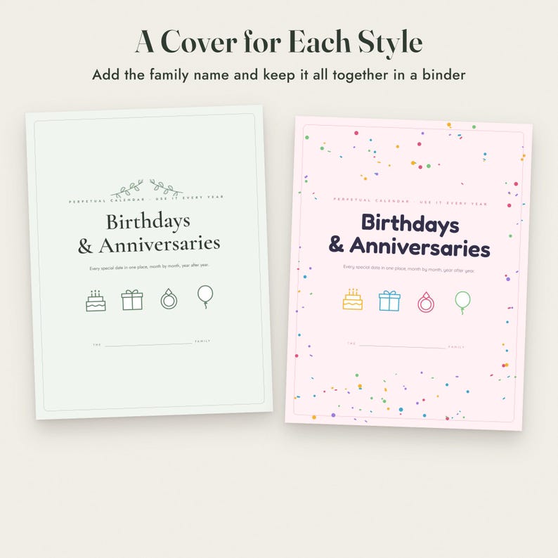 Birthday Calendar Printable, Perpetual Anniversary Calendar, 3 Styles, Monthly and One Page, Letter A4 imagen 8