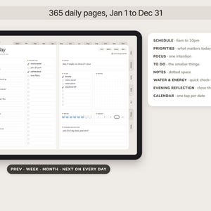 May include: A digital planner interface displayed on a tablet screen featuring 365 daily pages from Jan 1 to Dec 31. The layout includes a schedule from 6am to 10pm, priority lists, focus areas, to-do sections, notes, water and energy trackers, and evening reflection prompts.