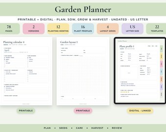 Könnte beinhalten: Ein Gartenplaner-Set mit 78 Seiten, 2 Versionen, 12 Pflanzmonaten, 16 Pflanzenprofilen, 4 Layout-Rastern und 22 Vorlagen im US-Letter-Format. Enthält druckbare Pflanzkalender, Garten-Layout-Raster und ein digitales, verlinktes Pflanzenprofil.