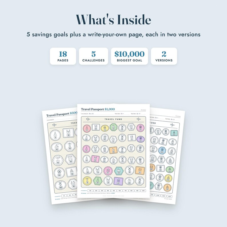 May include: A digital savings tracker set titled What's Inside, featuring 18 pages, 5 challenges, a $10,000 biggest goal, and 2 versions. Three Travel Passport sheets are displayed, each containing various pastel-coloured icons with numerical values.