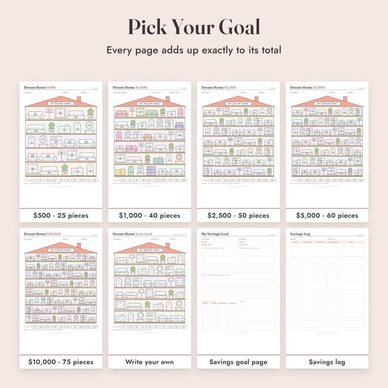 Savings Challenge Printable, Dream Home Color In Tracker, 500 to 10000, Letter A4 image 3