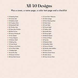 May include: A list of 40 designs on a light background, including a cover, name page, colour test page, and checklist. The text lists titles from 01 Reading Nook to 40 Cozy Corner Chair, each preceded by a small orange dot, organised in two columns.