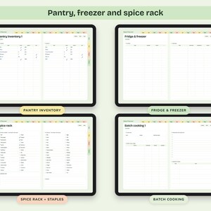 Puede incluir: Un planificador digital mostrado en cuatro pantallas, con secciones para Pantry inventory 1, Fridge & freezer, Spice rack y Batch cooking 1. Cada p&aacute;gina contiene tablas organizadas, listas de verificaci&oacute;n y columnas para rastrear art&iacute;culos de comida, cantidades y fechas de caducidad en un dise&ntilde;o blanco y limpio.