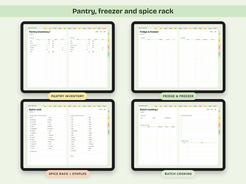 Puede incluir: Un planificador digital mostrado en cuatro pantallas, con secciones para Pantry inventory 1, Fridge & freezer, Spice rack y Batch cooking 1. Cada p&aacute;gina contiene tablas organizadas, listas de verificaci&oacute;n y columnas para rastrear art&iacute;culos de comida, cantidades y fechas de caducidad en un dise&ntilde;o blanco y limpio.