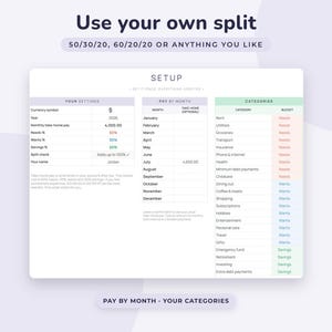 May include: A digital budget planner template featuring a setup section with columns for currency, monthly pay, and percentage splits. It includes a monthly pay tracker and a categorized list of expenses labeled as needs, wants, or savings buckets.