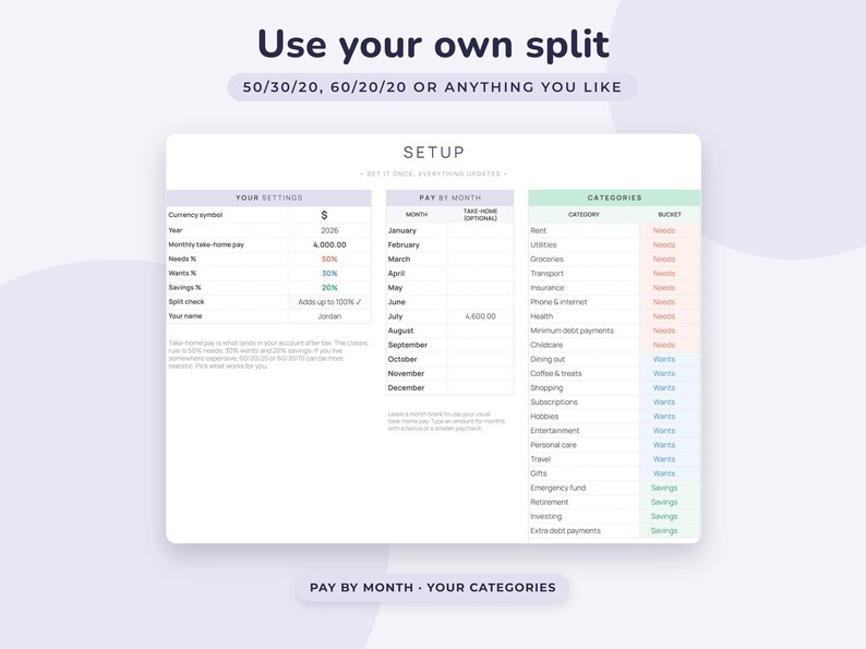 May include: A digital budget planner template featuring a setup section with columns for currency, monthly pay, and percentage splits. It includes a monthly pay tracker and a categorized list of expenses labeled as needs, wants, or savings buckets.
