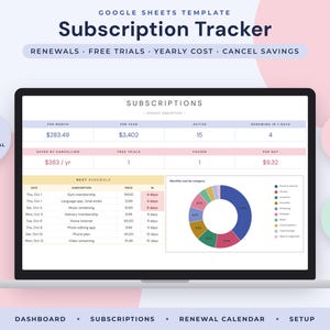 Pode incluir: Um modelo digital de rastreador de assinaturas do Google Sheets exibido na tela de um laptop. A interface apresenta um painel com datas de renovação, custos, um calendário de 12 meses e um gráfico de pizza colorido por categorias.