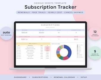 Subscription Tracker Google Sheets, Renewal Calendar, Free Trial Reminder, Yearly Cost