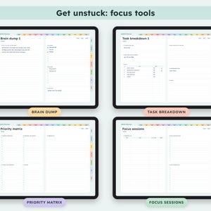 May include: Four digital tablet screens displaying ADHD planner templates titled Get unstuck: focus tools. The layouts include Brain dump 1, Task breakdown 1, Priority matrix, and Focus sessions, featuring white backgrounds, black text, and colorful side tabs.