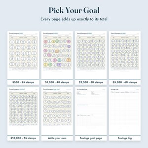 May include: A set of eight printable savings tracker pages titled Pick Your Goal. The pages feature Travel Passport fund trackers with varying stamp counts for $500, $1,000, $2,500, $5,000, $10,000, and a custom goal, plus a My Savings Goal page and a Savings Log.