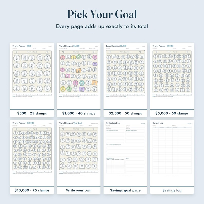 May include: A set of eight printable savings tracker pages titled Pick Your Goal. The pages feature Travel Passport fund trackers with varying stamp counts for $500, $1,000, $2,500, $5,000, $10,000, and a custom goal, plus a My Savings Goal page and a Savings Log.