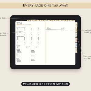 May include: A digital budget planner displayed on a tablet screen, featuring an index page with clickable links, month tabs at the top, and color-coded section tabs on the side. Text labels point to features like month tabs, 4 pages for each month, savings, debt, bills, and plan sections, with a bottom banner stating: TAP ANY WORD IN THE INDEX TO JUMP THERE.