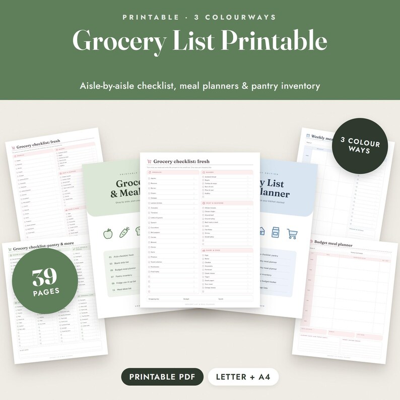 Grocery List Printable, Meal Planner, Pantry Inventory, Aisle Checklist, 3 Colours, Letter A4 imagen 1