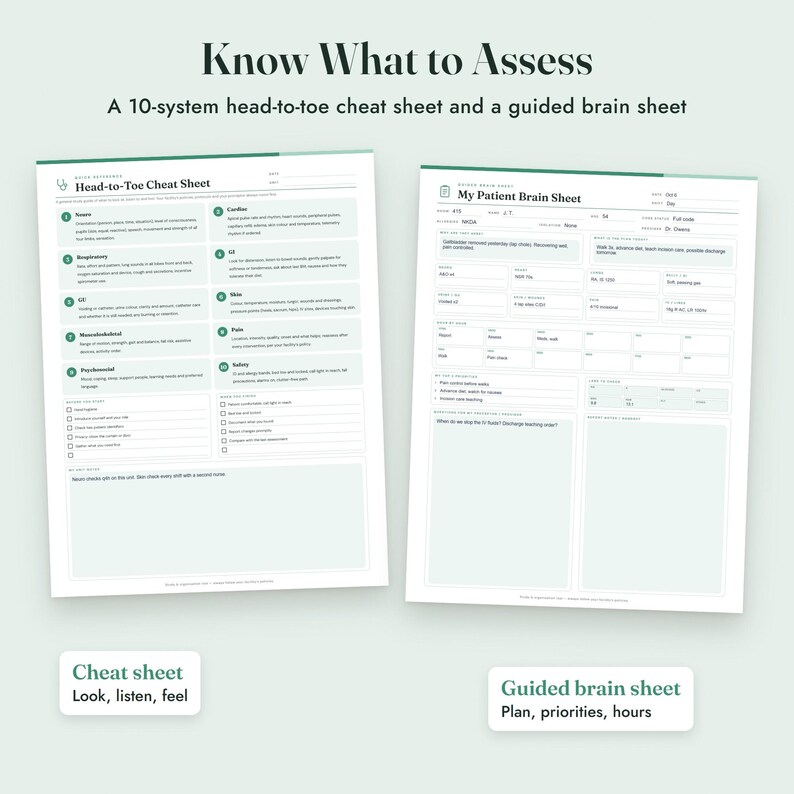 Puede incluir: Dos hojas de referencia de enfermer&iacute;a blancas con detalles en verde oscuro. La hoja izquierda se titula Head-to-Toe Cheat Sheet con diez sistemas de evaluaci&oacute;n. La hoja derecha se titula My Patient Brain Sheet con campos de datos.