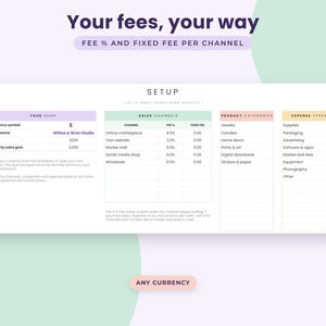 Peut inclure: Un mod&egrave;le de feuille de calcul num&eacute;rique intitul&eacute; Your fees, your way, pr&eacute;sentant un tableau de configuration avec des colonnes pour les d&eacute;tails de la boutique, les canaux de vente, les cat&eacute;gories de produits et les types de d&eacute;penses.