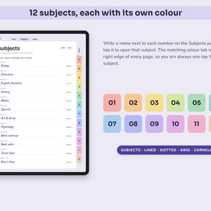 Digital Notebook, 12 Colour Coded Subject Tabs, Hyperlinked Lined, Dotted, Grid and Cornell Pages image 2