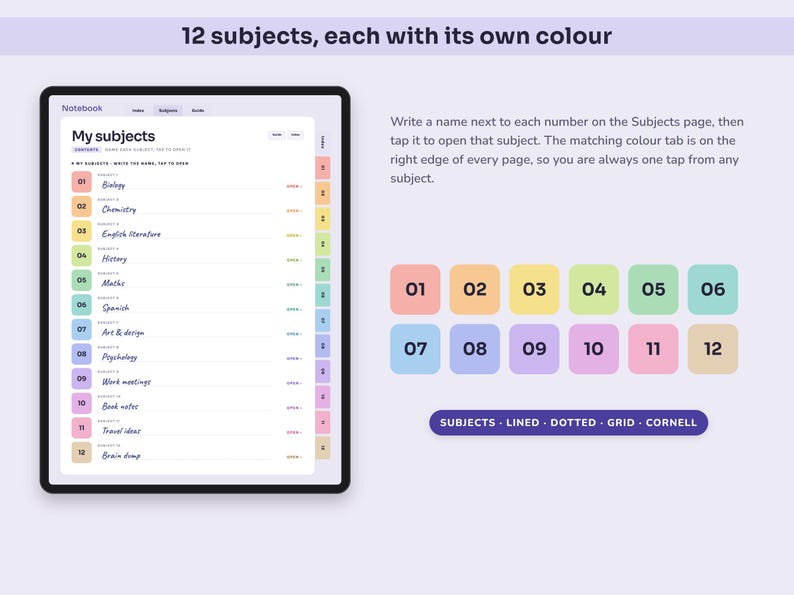Digital Notebook, 12 Colour Coded Subject Tabs, Hyperlinked Lined, Dotted, Grid and Cornell Pages image 2