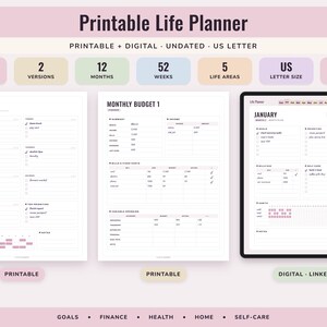 Printable Life Planner, Undated US Letter and Digital PDF, Goals, Budget, Health, Home Pages image 1