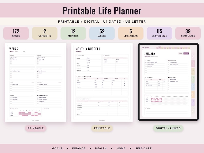 Printable Life Planner, Undated US Letter and Digital PDF, Goals, Budget, Health, Home Pages image 1