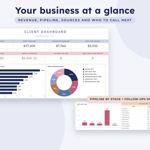 May include: A digital client dashboard interface titled Your business at a glance, displaying business metrics including revenue, pipeline, and client sources. The layout features tables, a horizontal bar chart, a donut chart, and a follow-up list.