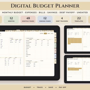 May include: A digital budget planner displayed on tablet screens, featuring 92 pages, 12 months, 48 monthly pages, 12 sinking funds, 4 debt trackers, and 22 templates. The interface shows March budget details, savings goals, and debt payoff trackers with tabs.