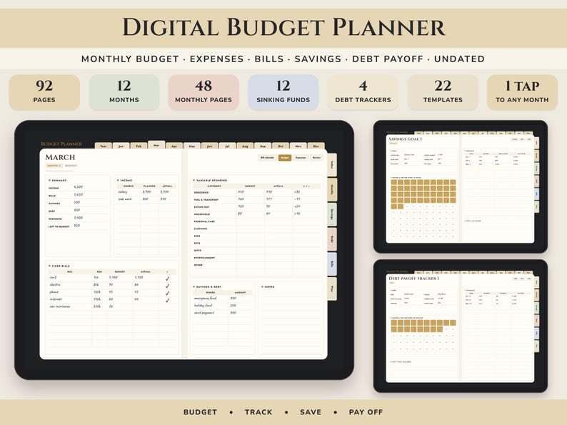 May include: A digital budget planner displayed on tablet screens, featuring 92 pages, 12 months, 48 monthly pages, 12 sinking funds, 4 debt trackers, and 22 templates. The interface shows March budget details, savings goals, and debt payoff trackers with tabs.