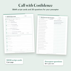 Puede incluir: Dos hojas impresas blancas tituladas Call with Confidence, SBAR script cards and 20 questions for your preceptor. La hoja izquierda presenta plantillas SBAR para comunicaci&oacute;n cl&iacute;nica, mientras la derecha lista preguntas para un preceptor.