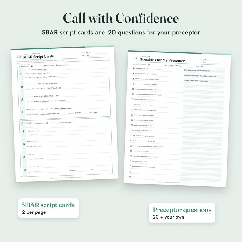 Puede incluir: Dos hojas impresas blancas tituladas Call with Confidence, SBAR script cards and 20 questions for your preceptor. La hoja izquierda presenta plantillas SBAR para comunicaci&oacute;n cl&iacute;nica, mientras la derecha lista preguntas para un preceptor.