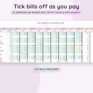 May include: A digital payment checklist template featuring a table with columns for months and rows for various bills. The header reads Tick bills off as you pay and Payment Checklist. Cells turn green when marked as paid with checkboxes.